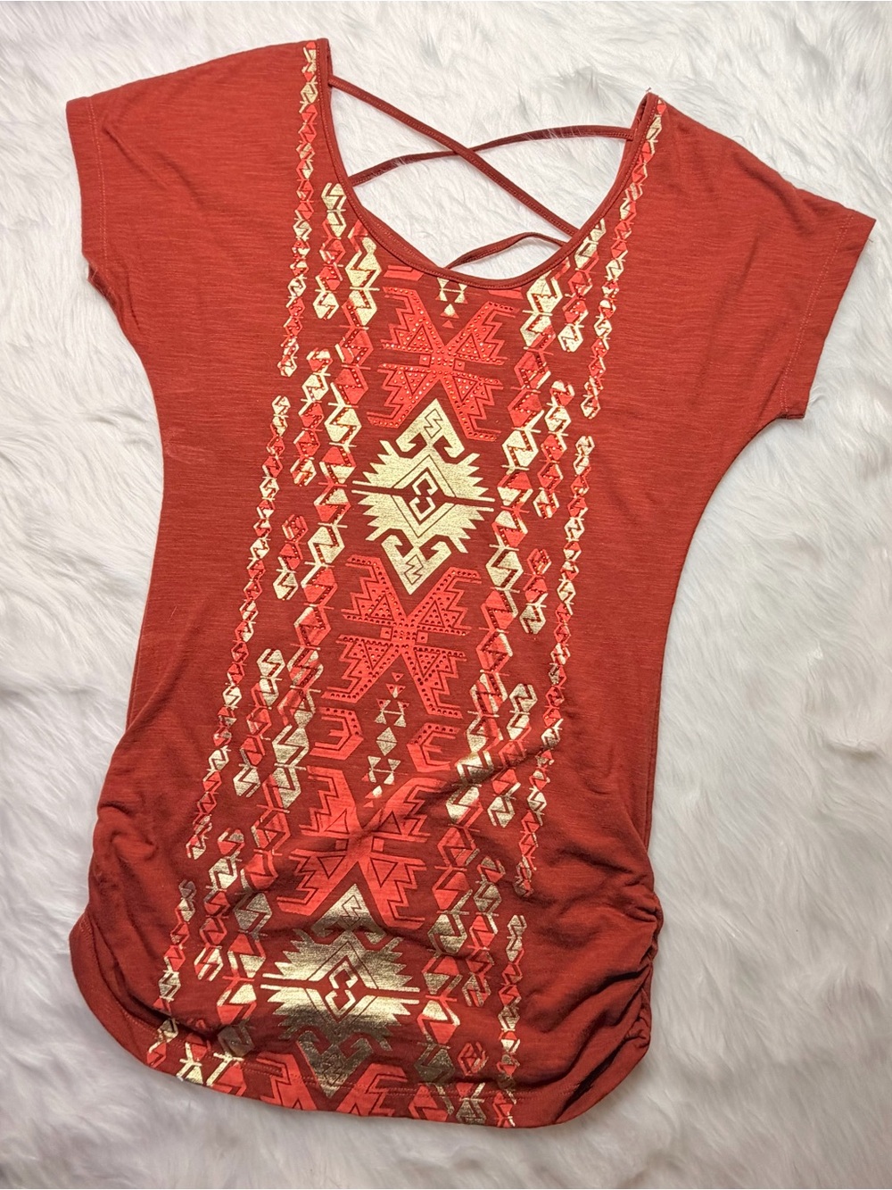 Dots Rust Aztec Print Tunic Top Size M Strappy Crisscross Back Boho
